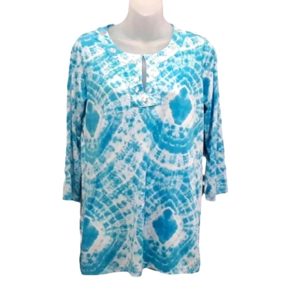 JONES NEW YORK Aqua Tie Dye 3/4 Sleeve Keyhole Top Beach Coastal Grandma